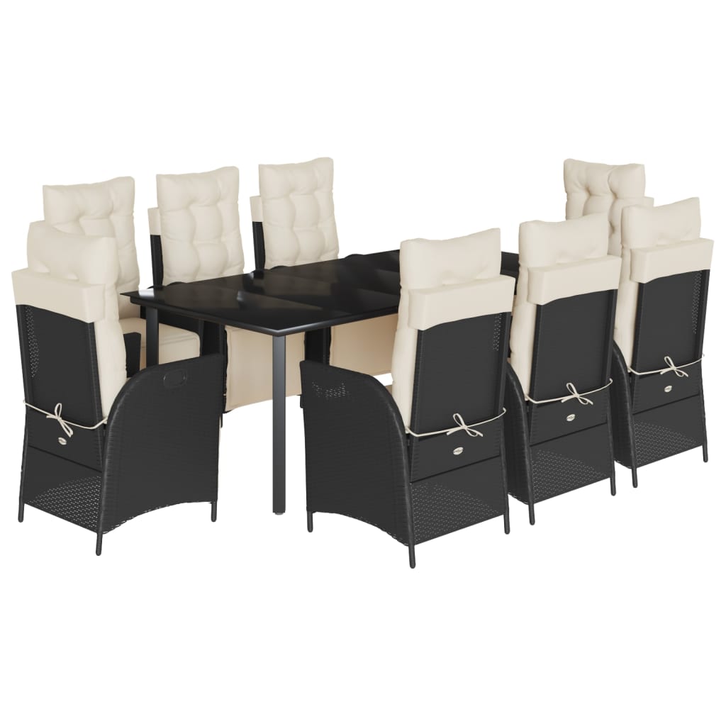 Set da Pranzo da Giardino 9 pz con Cuscini Nero in Polyrattan | homemem39
