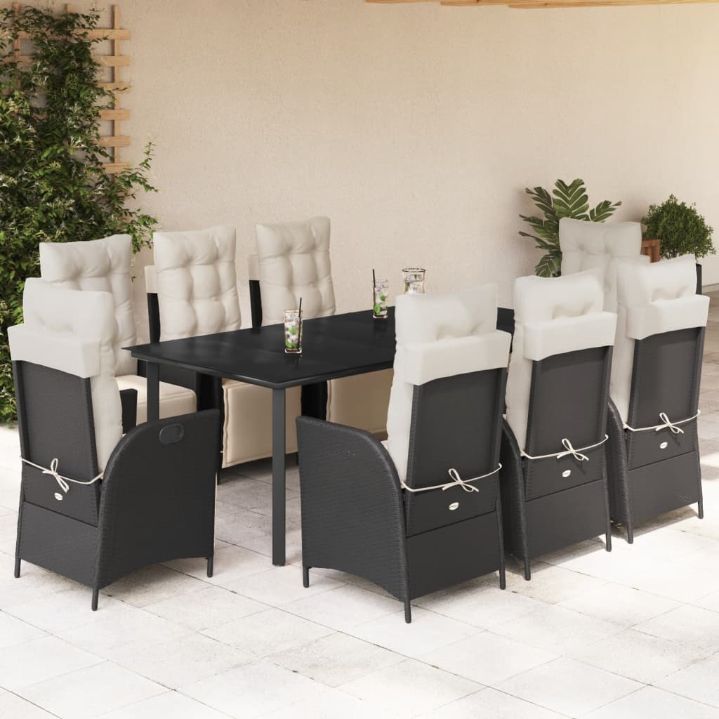Set da Pranzo da Giardino 9 pz con Cuscini Nero in Polyrattan | homemem39