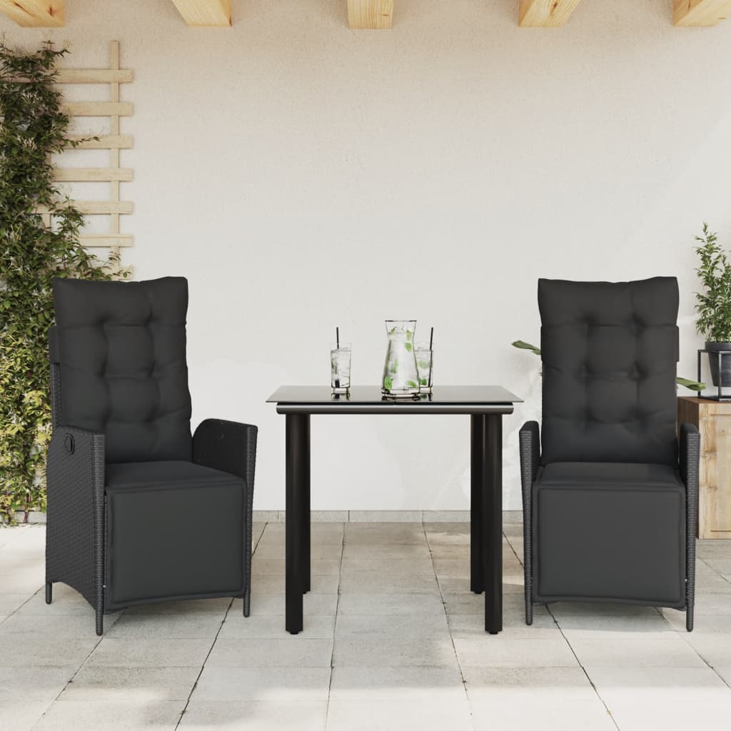 Set da Pranzo da Giardino 3 pz con Cuscini Nero in Polyrattan - homemem39