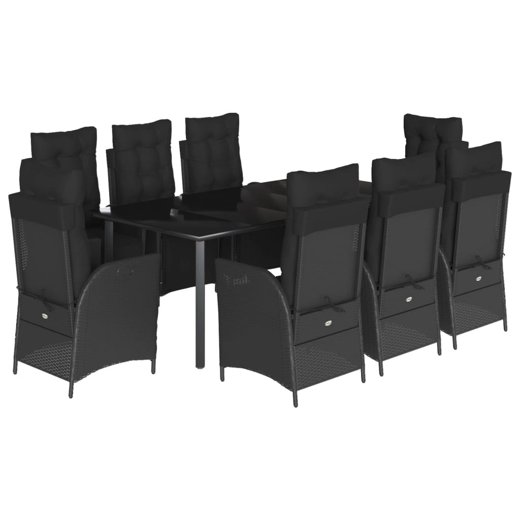 Set da Pranzo da Giardino 9 pz con Cuscini Nero in Polyrattan