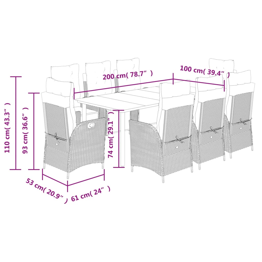 Set da Pranzo da Giardino 9 pz con Cuscini Nero in Polyrattan | homemem39