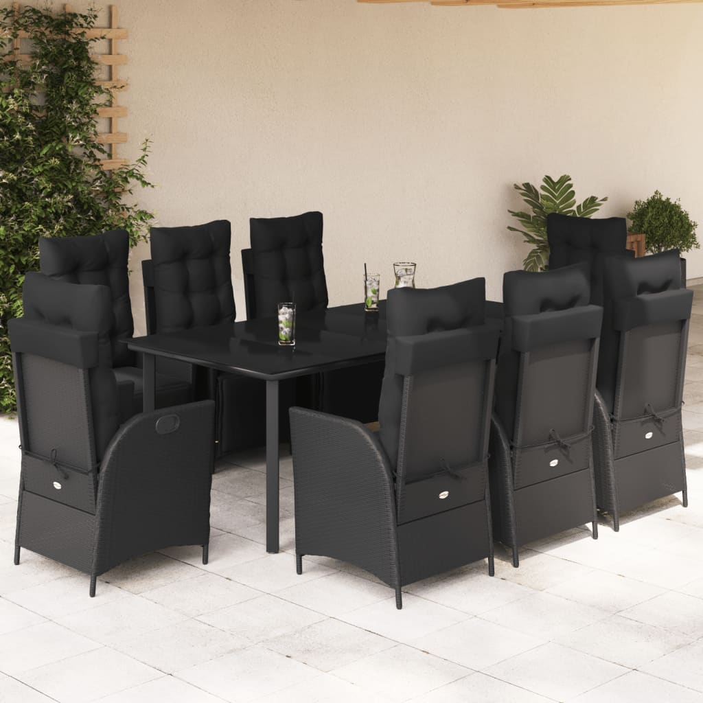 Set da Pranzo da Giardino 9 pz con Cuscini Nero in Polyrattan | homemem39