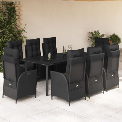 Set da Pranzo da Giardino 9 pz con Cuscini Nero in Polyrattan - homemem39