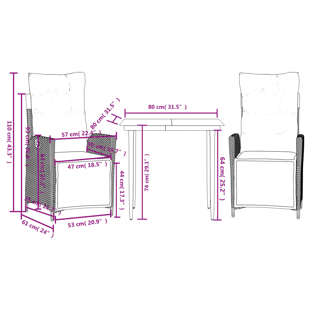 Set da Pranzo da Giardino 3pz con Cuscini in Polyrattan Marrone | homemem39