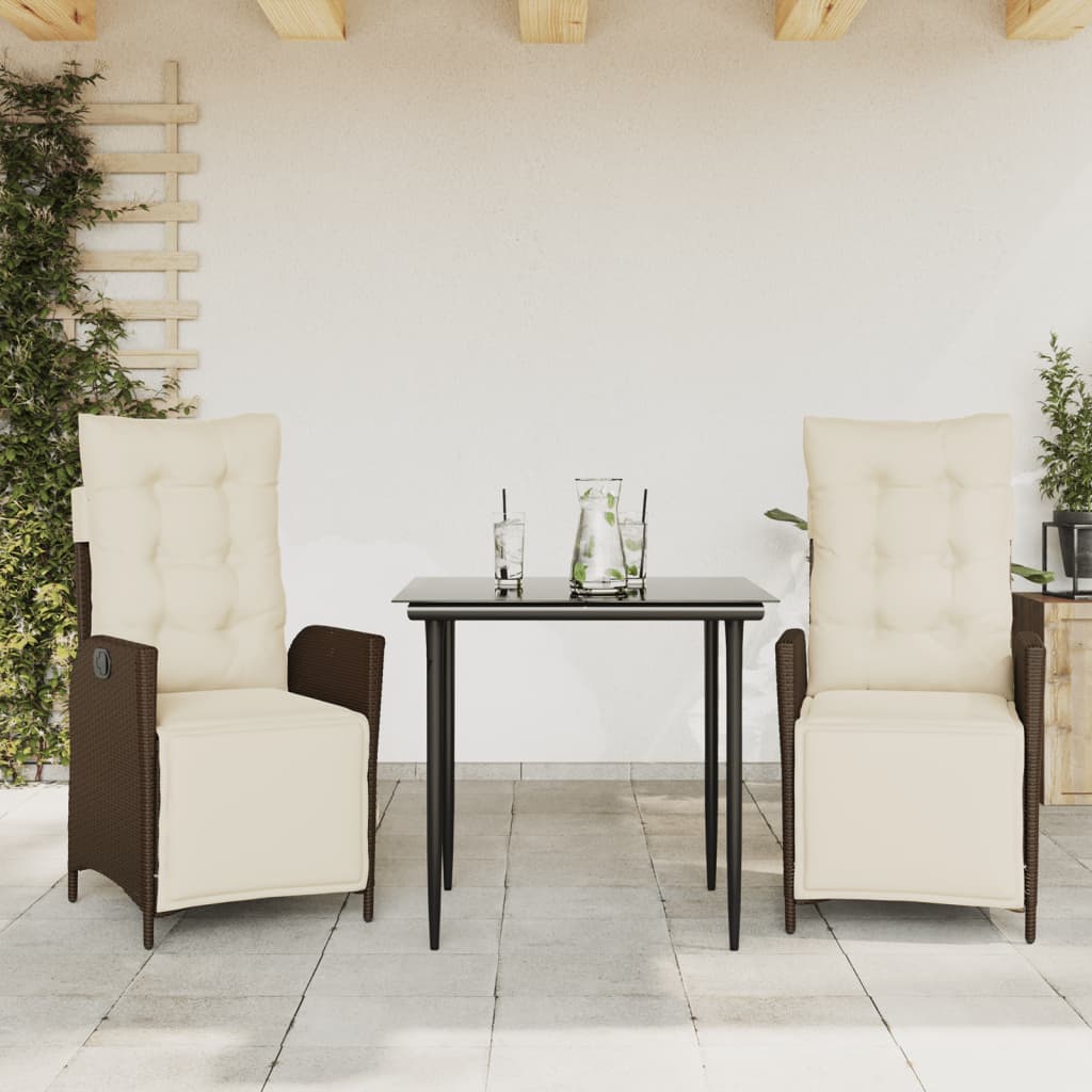 Set da Pranzo da Giardino 3pz con Cuscini in Polyrattan Marrone | homemem39