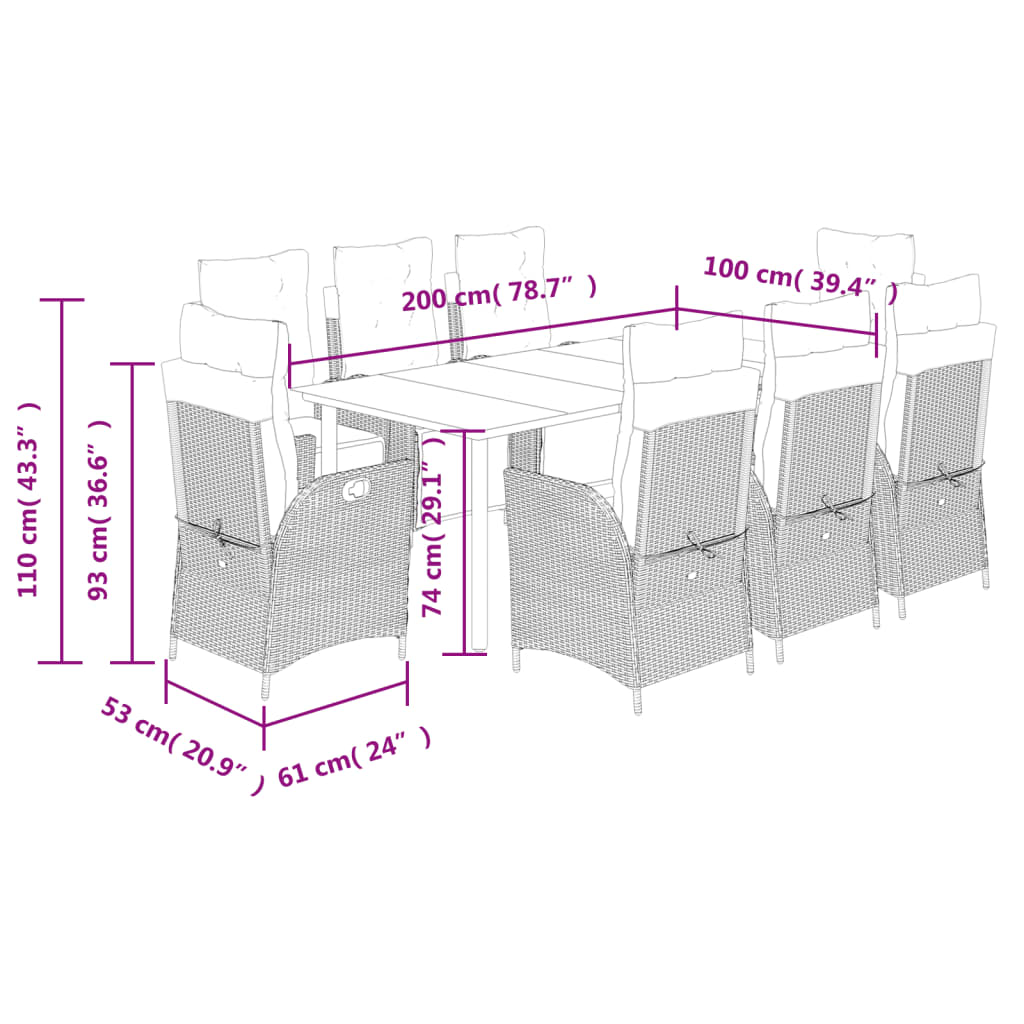 Set da Pranzo da Giardino 9pz con Cuscini Marrone in Polyrattan | homemem39