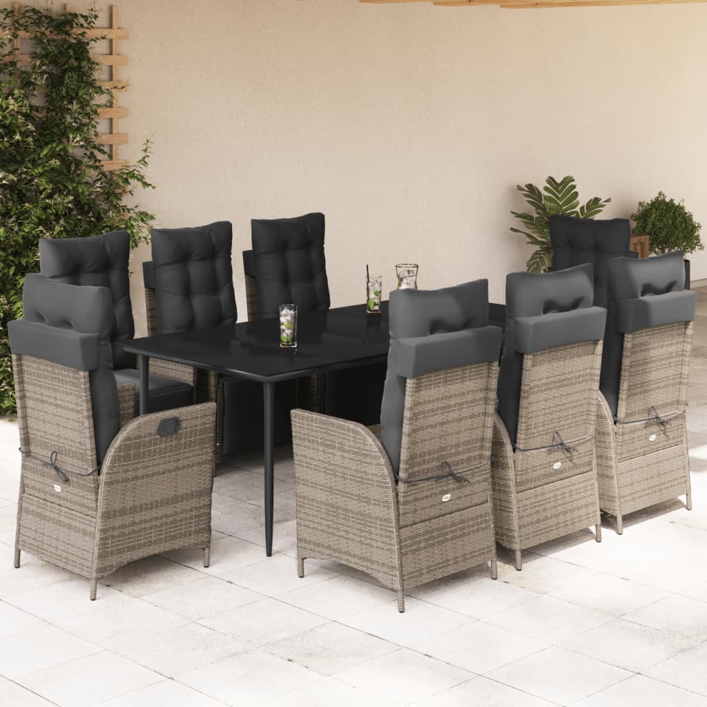 Set da Pranzo da Giardino 9 pz con Cuscini in Polyrattan Grigio - homemem39