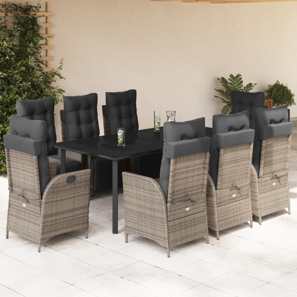Set da Pranzo da Giardino 9 pz con Cuscini in Polyrattan Grigio - homemem39