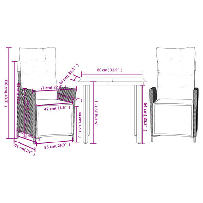 Set da Pranzo da Giardino 3 pz con Cuscini Beige in Polyrattan | homemem39