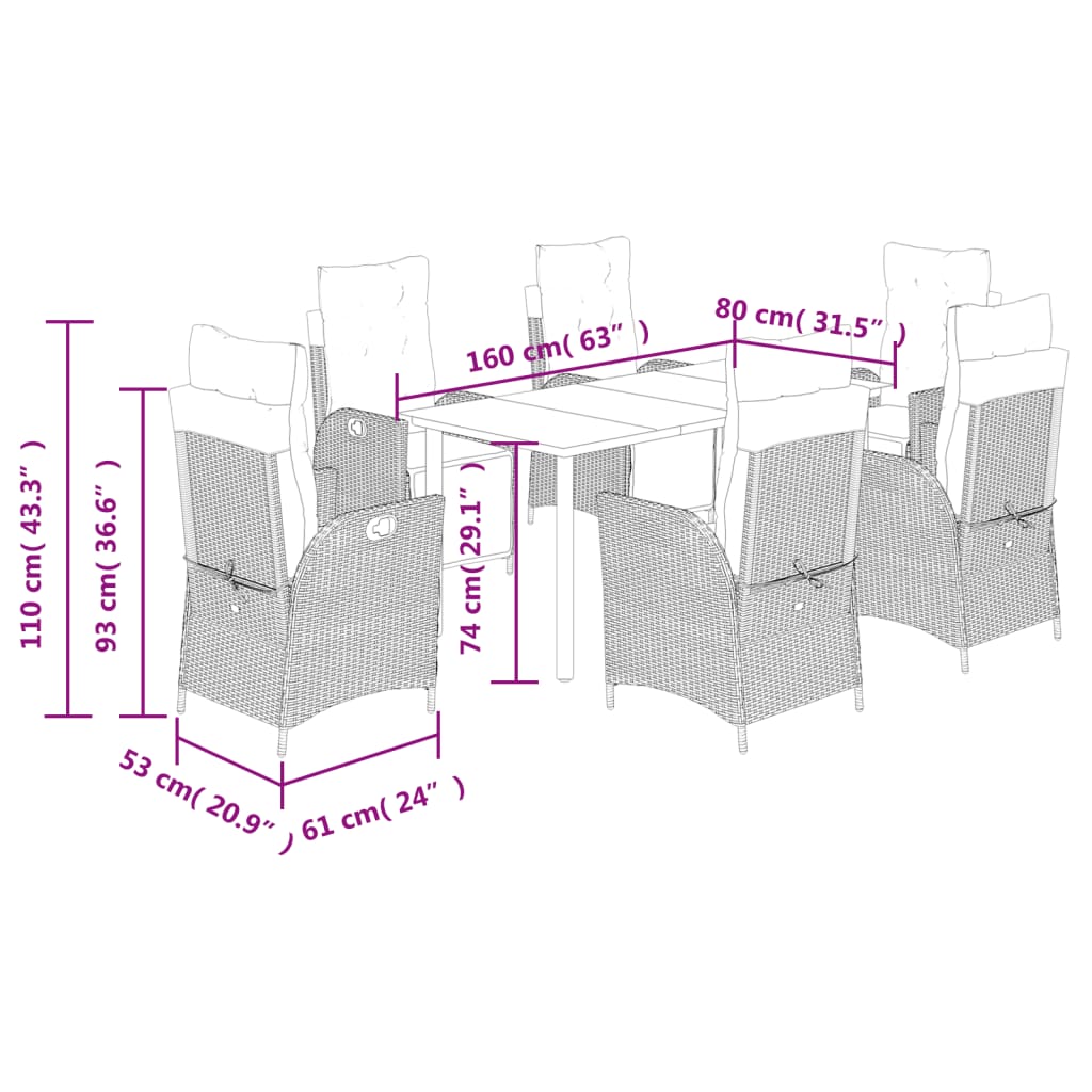 Set da Pranzo da Giardino 7 pz con Cuscini Beige in Polyrattan | homemem39
