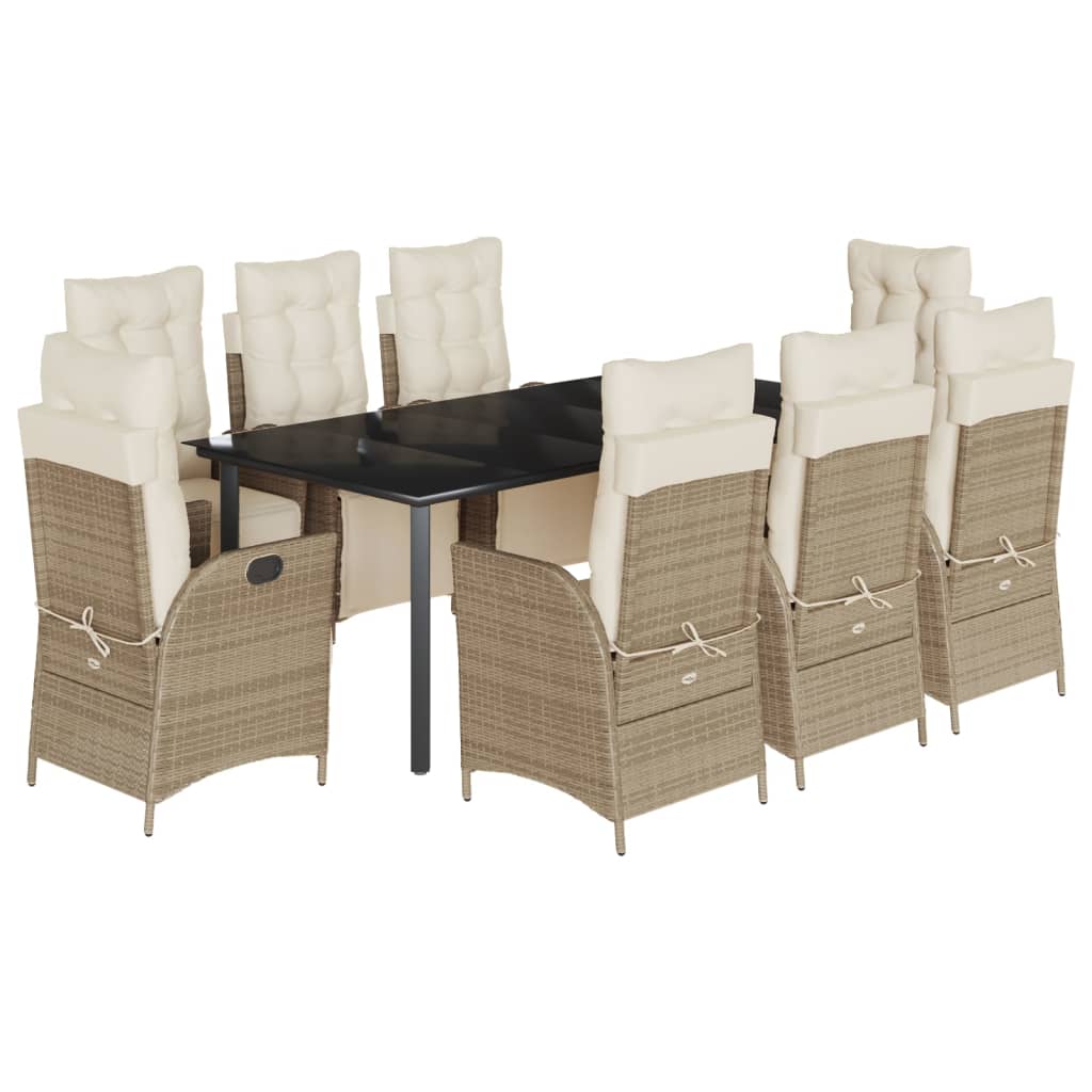 Set da Pranzo da Giardino 9 pz con Cuscini Beige in Polyrattan - homemem39
