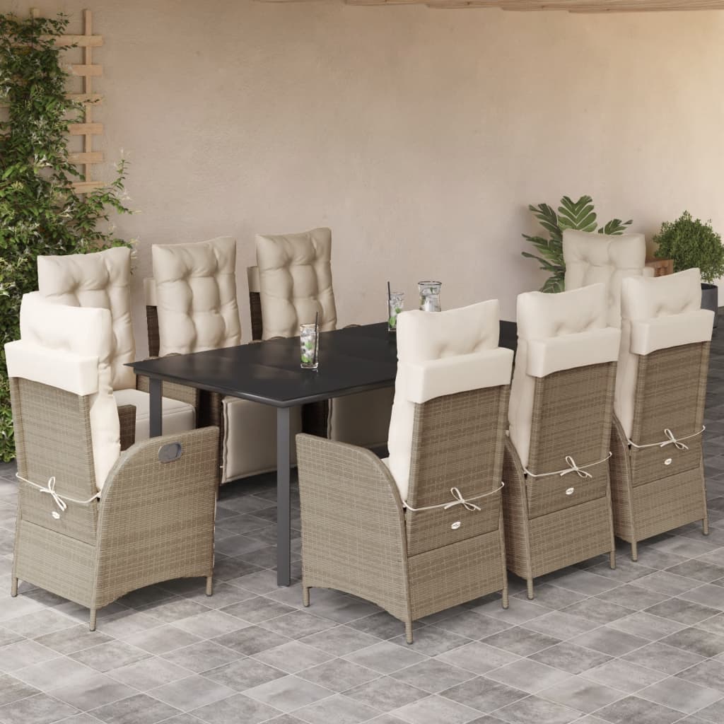 Set da Pranzo da Giardino 9 pz con Cuscini Beige in Polyrattan - homemem39