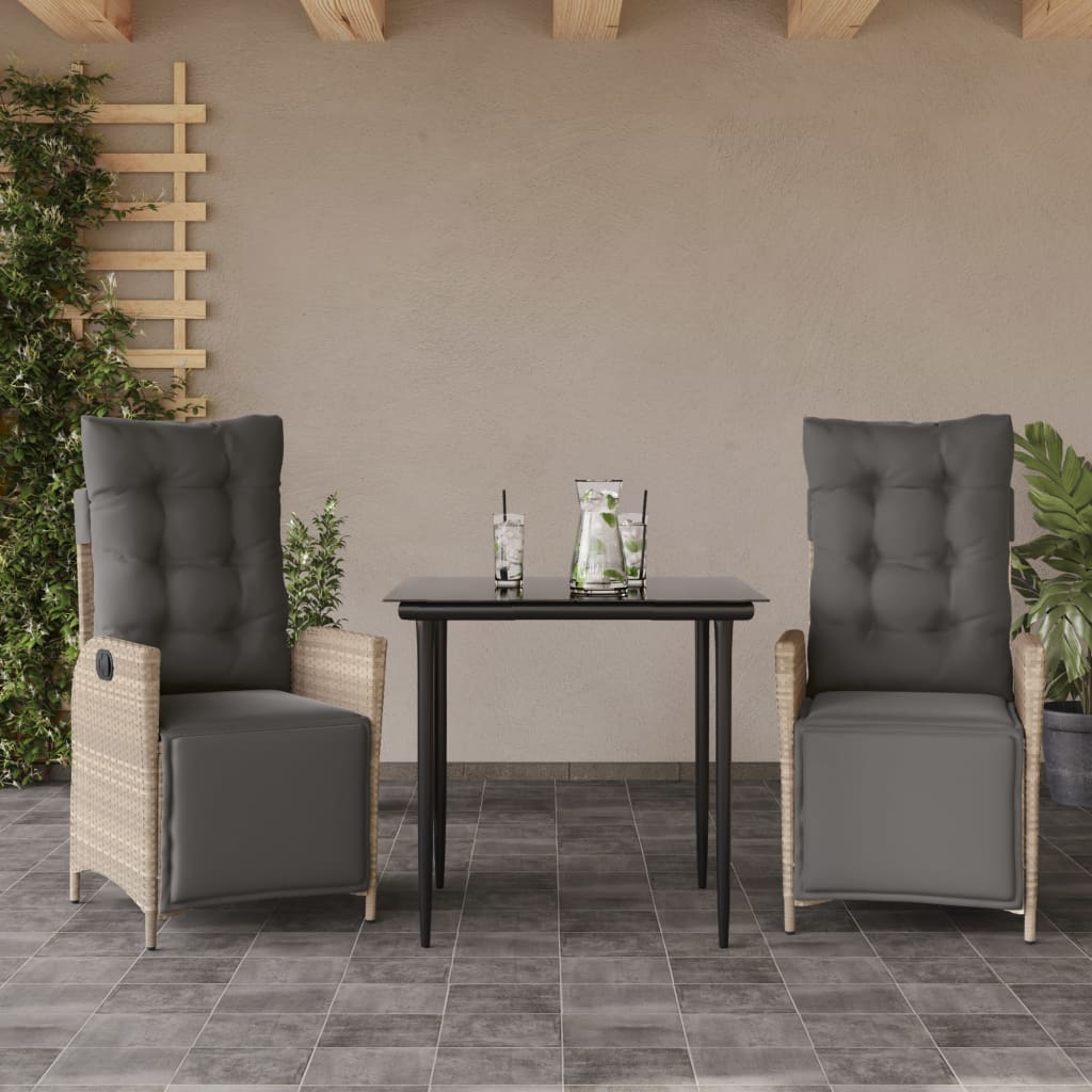 Set Pranzo da Giardino 3pz con Cuscini Grigio Chiaro Polyrattan - homemem39