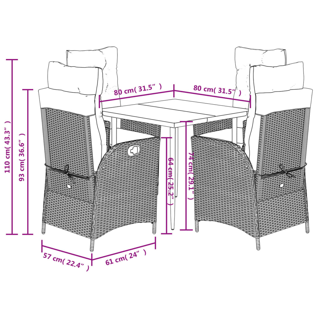 Set Pranzo da Giardino 5pz con Cuscini Grigio Chiaro Polyrattan | homemem39