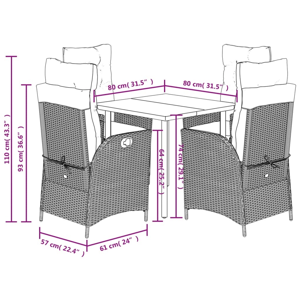 Set Pranzo da Giardino 5pz con Cuscini Grigio Chiaro Polyrattan | homemem39