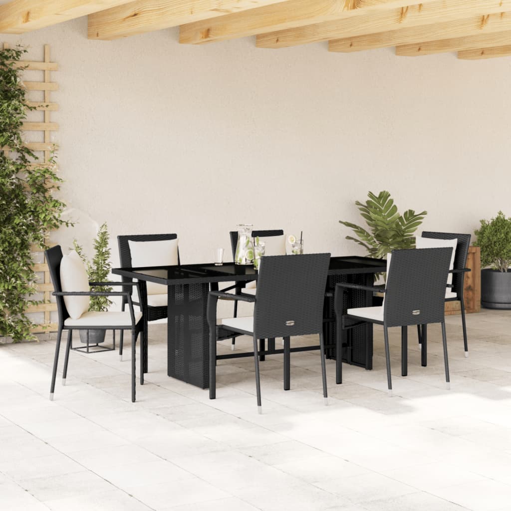 Set da Pranzo da Giardino 7 pz Nero con Cuscini in Polyrattan - homemem39