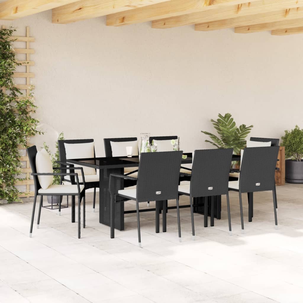 Set da Pranzo da Giardino 9 pz con Cuscini Nero in Polyrattan - homemem39