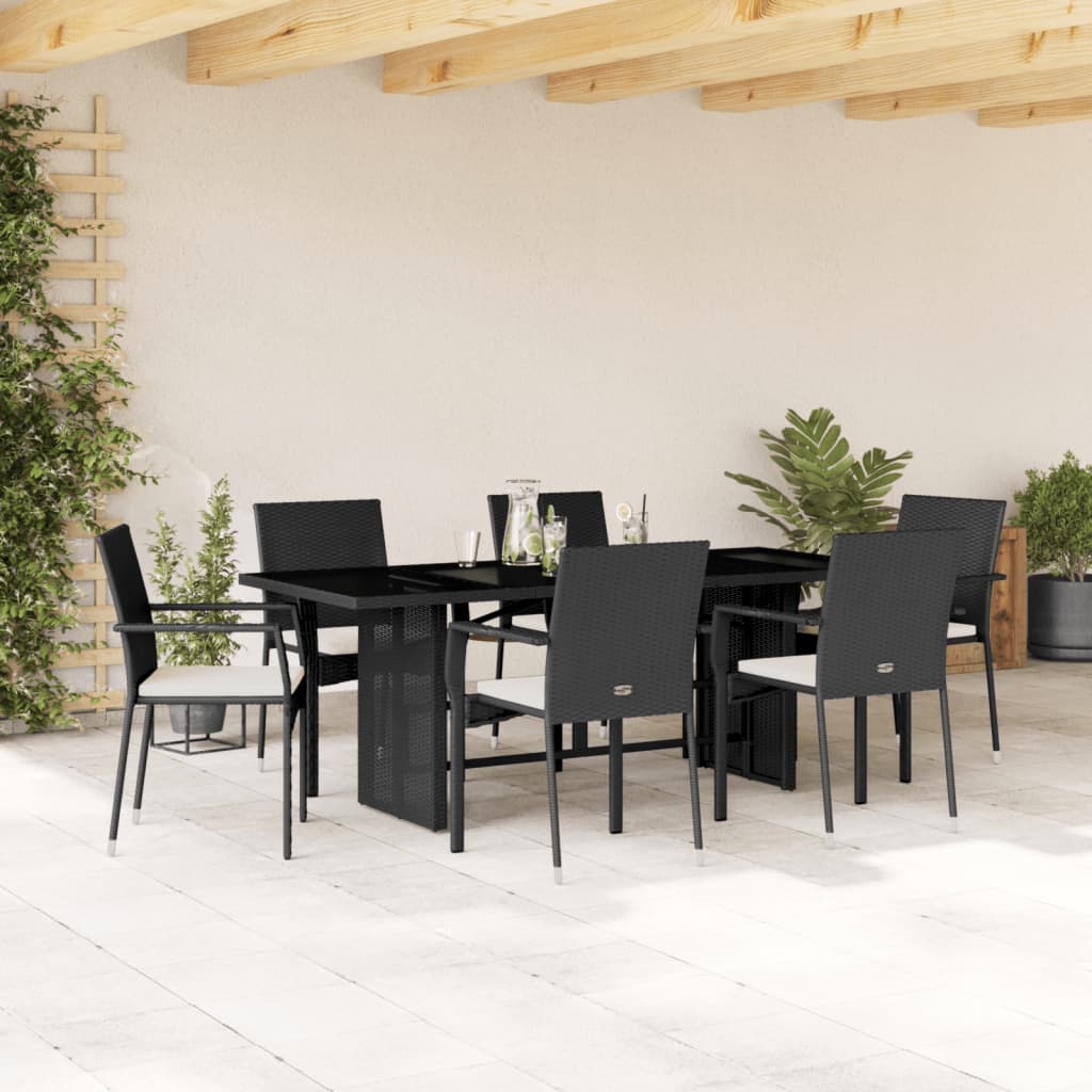 Set da Pranzo da Giardino 7 pz Nero con Cuscini in Polyrattan | homemem39
