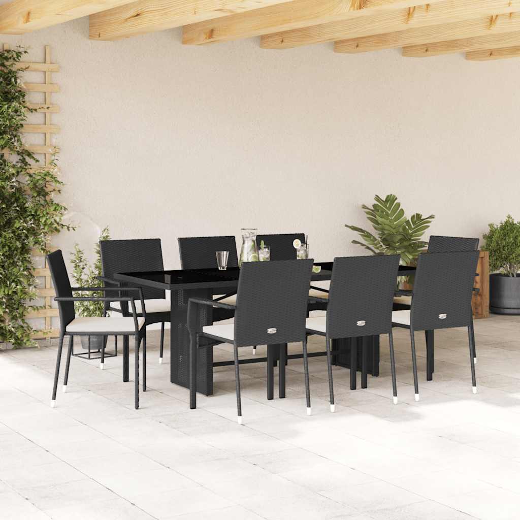 Set da Pranzo da Giardino 9 pz con Cuscini Nero in Polyrattan