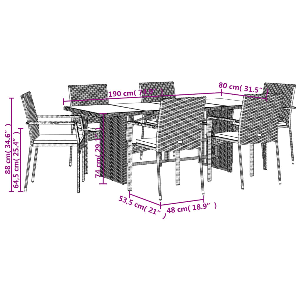 Set da Pranzo da Giardino 7 pz con Cuscini in Polyrattan Grigio | homemem39