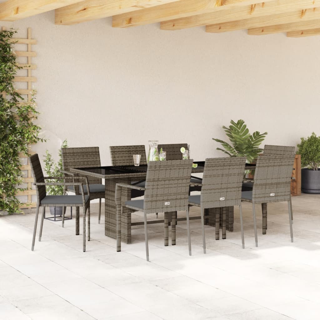 Set da Pranzo da Giardino 9 pz con Cuscini in Polyrattan Grigio | homemem39
