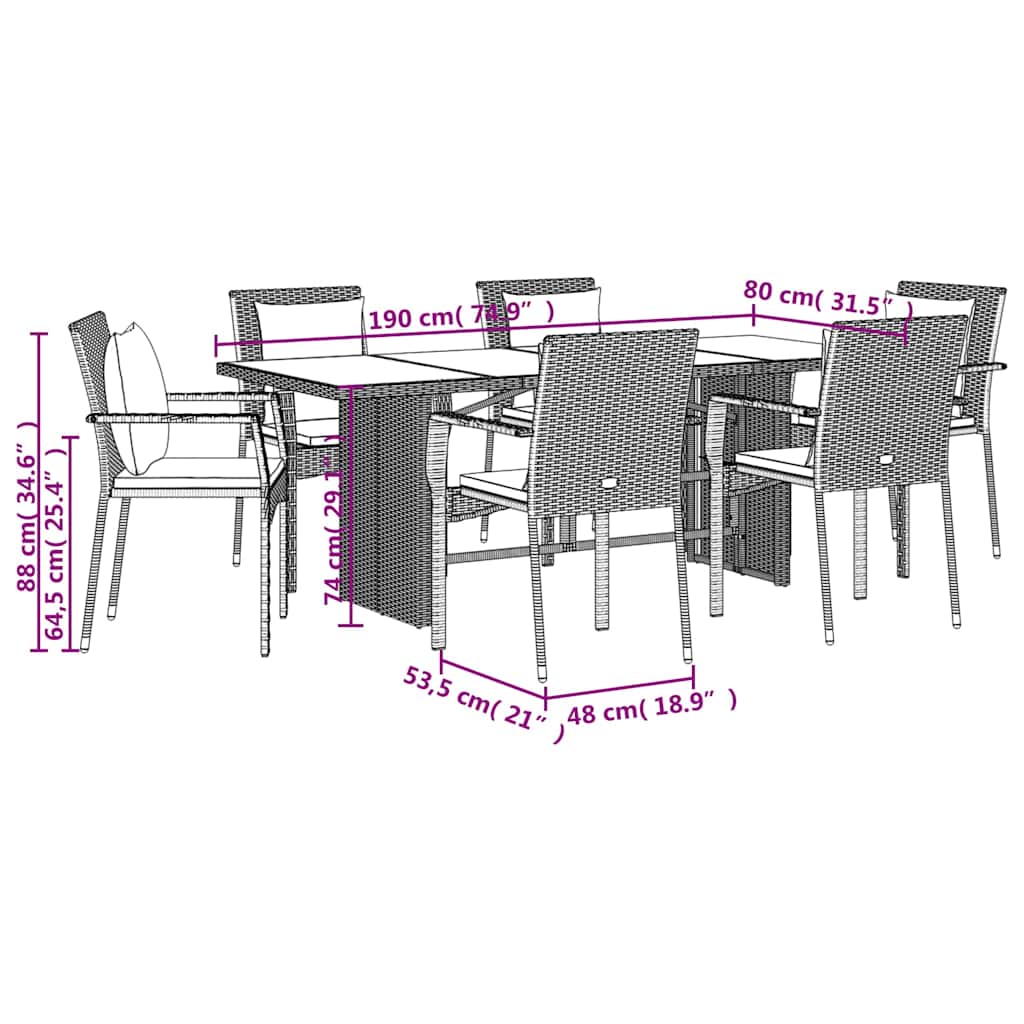 Set da Pranzo da Giardino 7 pz Nero con Cuscini in Polyrattan | homemem39