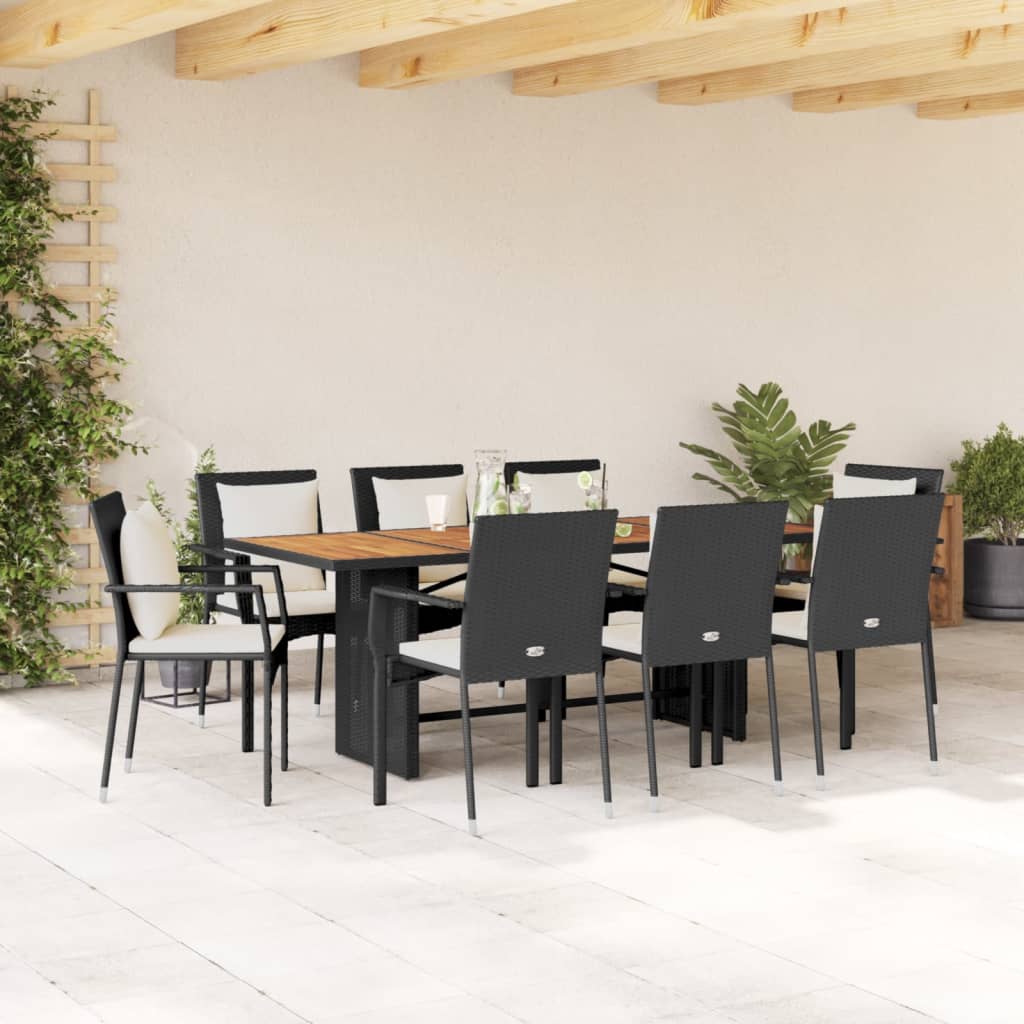 Set da Pranzo da Giardino 9 pz con Cuscini Nero in Polyrattan - homemem39