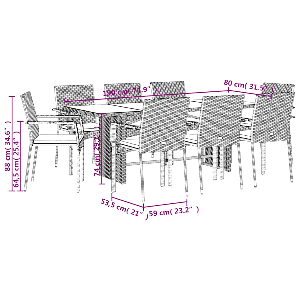 Set da Pranzo da Giardino 9 pz con Cuscini Nero in Polyrattan | homemem39