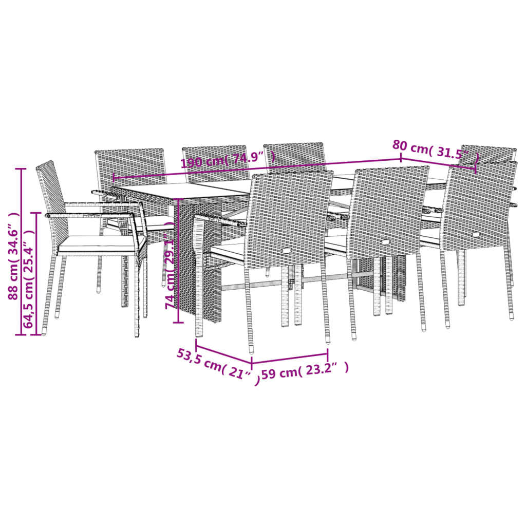 Set da Pranzo da Giardino 9 pz con Cuscini in Polyrattan Grigio | homemem39