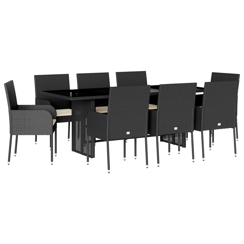 Set da Pranzo da Giardino 9 pz con Cuscini Nero in Polyrattan | homemem39