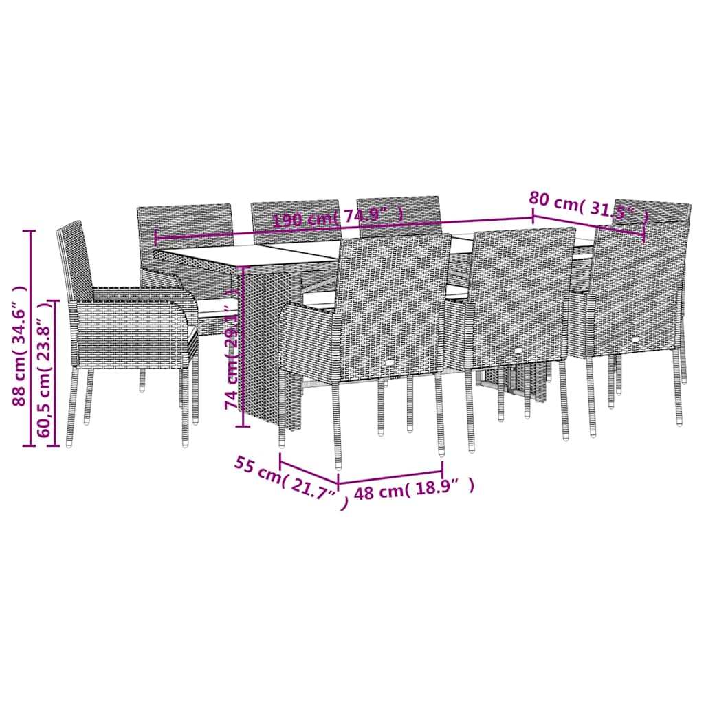 Set da Pranzo da Giardino 9 pz con Cuscini Nero in Polyrattan | homemem39