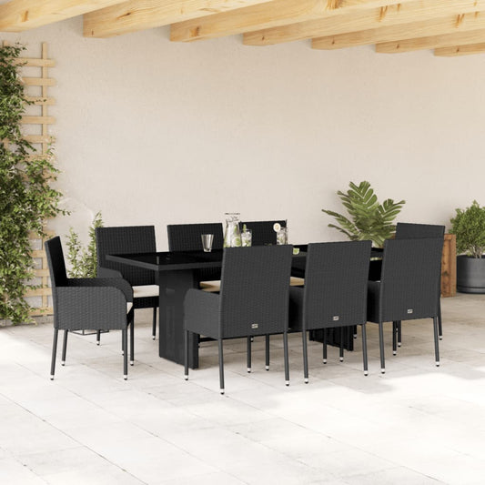 Set da Pranzo da Giardino 9 pz con Cuscini Nero in Polyrattan - homemem39