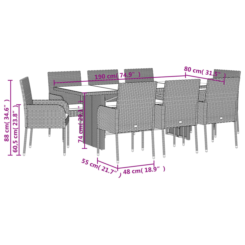 Set da Pranzo da Giardino 9 pz con Cuscini in Polyrattan Grigio - homemem39