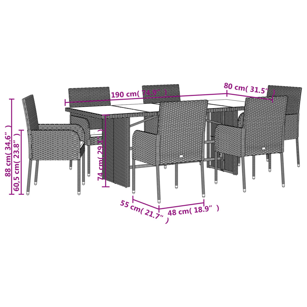 Set da Pranzo da Giardino 7 pz con Cuscini in Polyrattan Grigio | homemem39