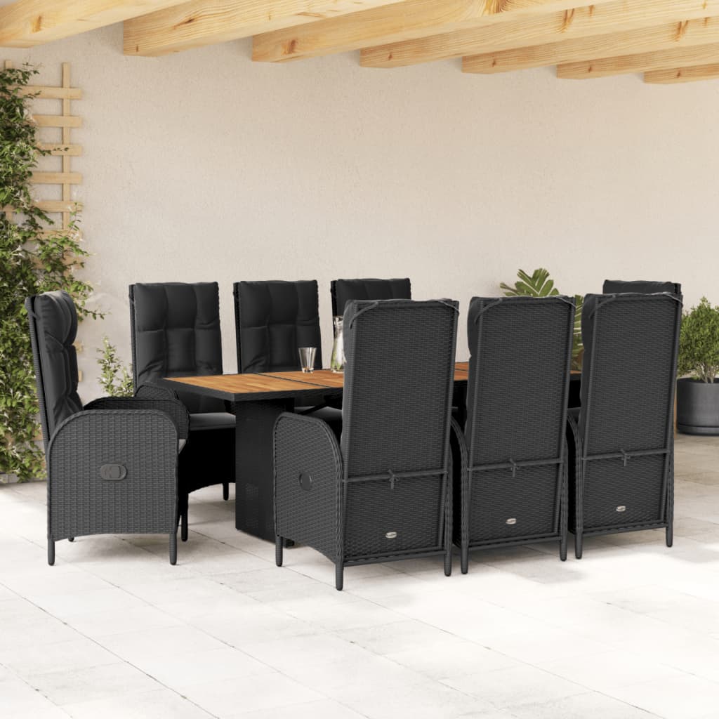 Set da Pranzo da Giardino 9 pz con Cuscini Nero in Polyrattan | homemem39