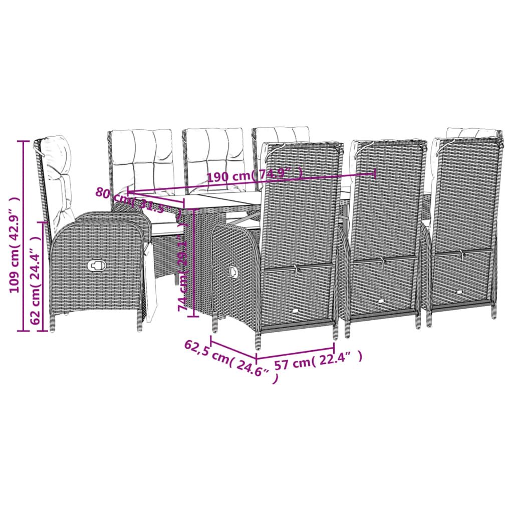 Set da Pranzo da Giardino 9 pz con Cuscini Nero in Polyrattan | homemem39