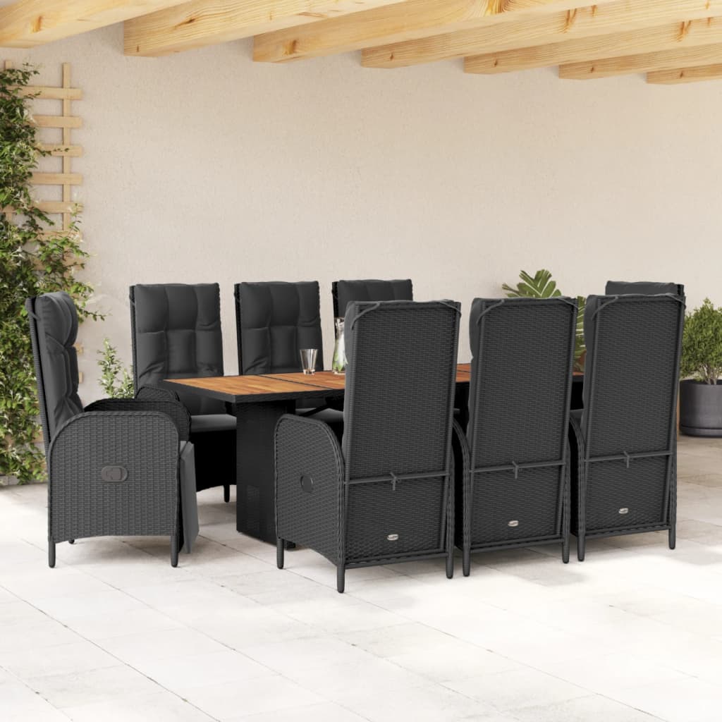 Set da Pranzo da Giardino 9 pz con Cuscini Nero in Polyrattan | homemem39