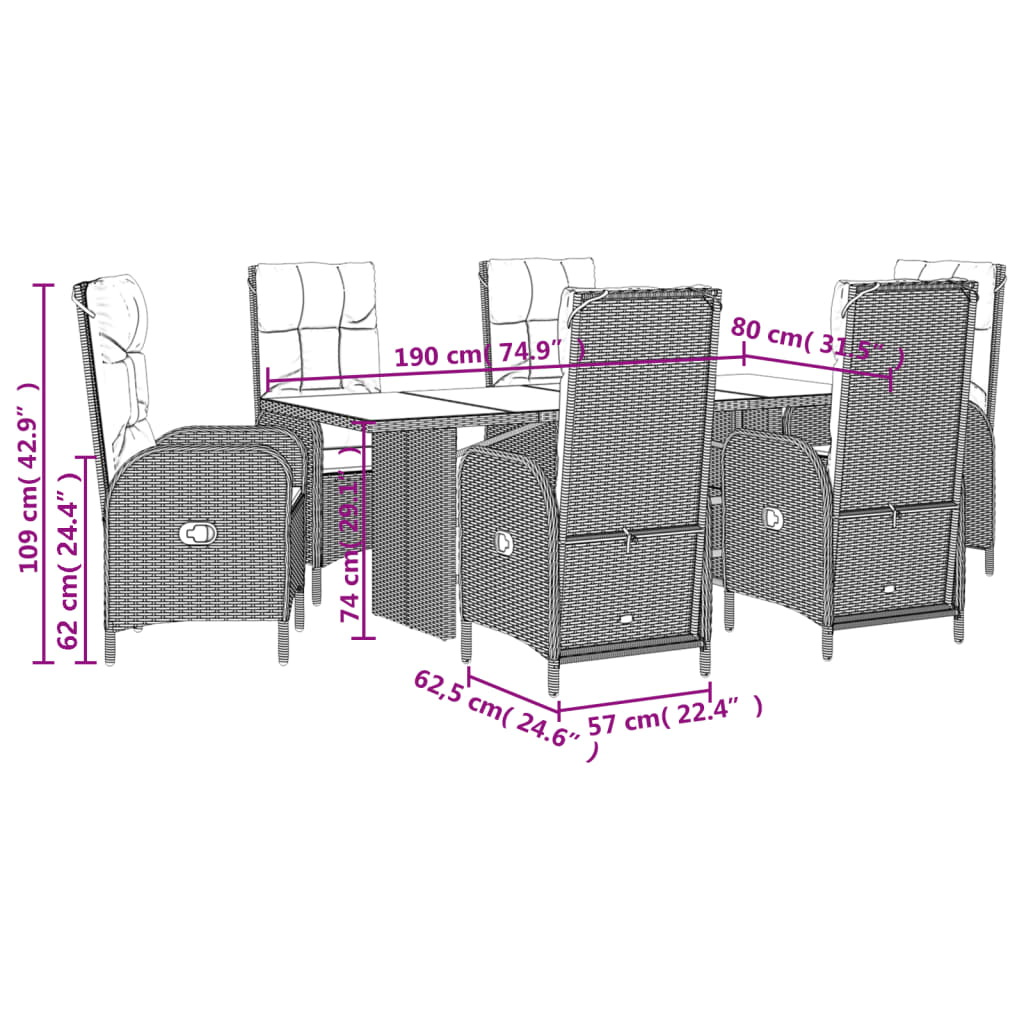 Set da Pranzo da Giardino 7 pz con Cuscini in Polyrattan Grigio | homemem39