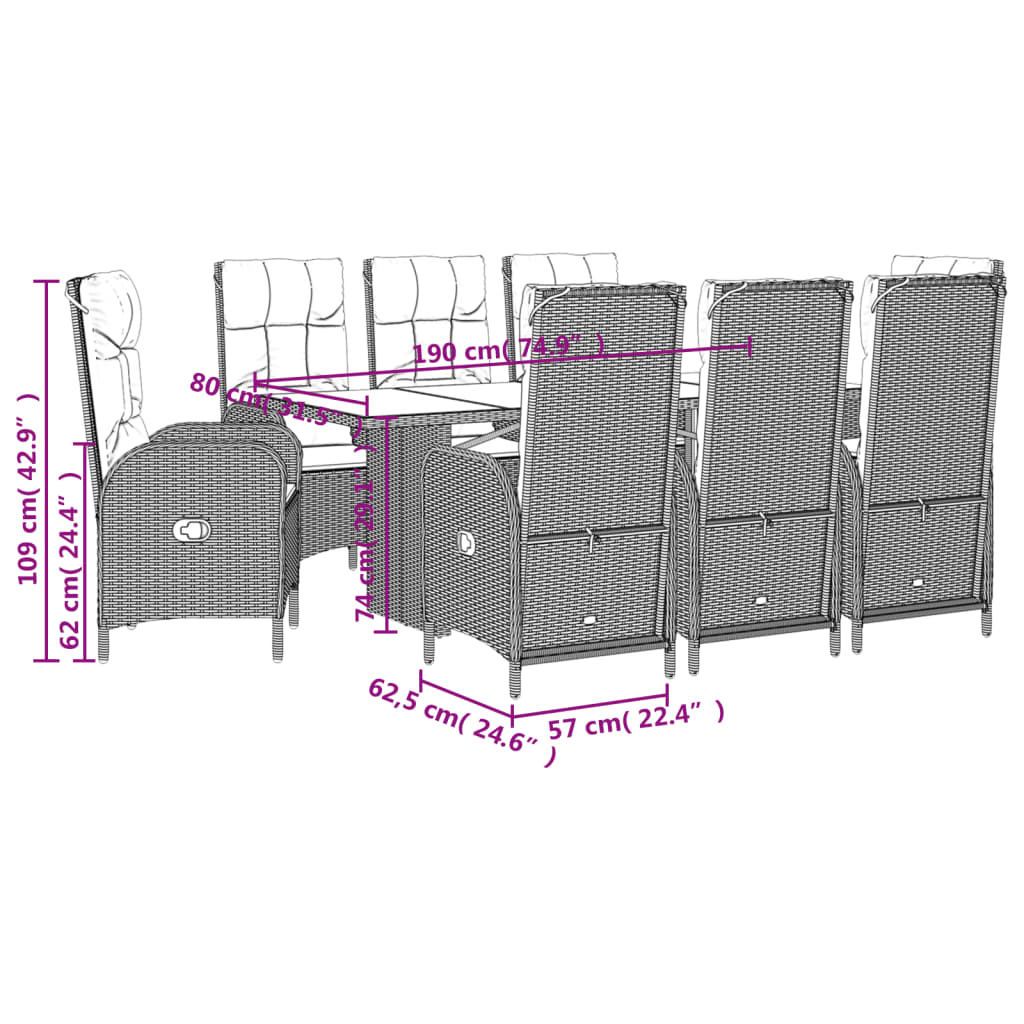 Set da Pranzo da Giardino 9 pz con Cuscini in Polyrattan Grigio | homemem39