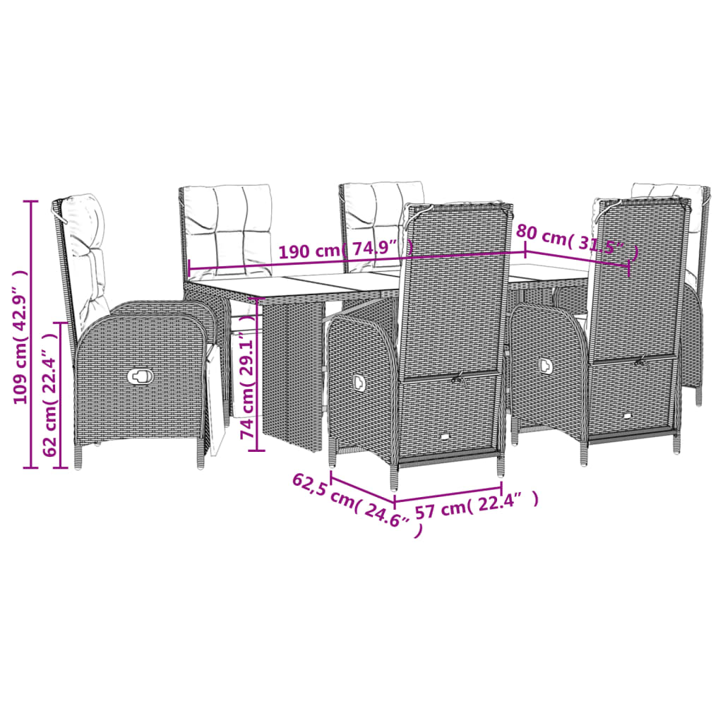 Set da Pranzo da Giardino 7 pz Nero con Cuscini in Polyrattan | homemem39