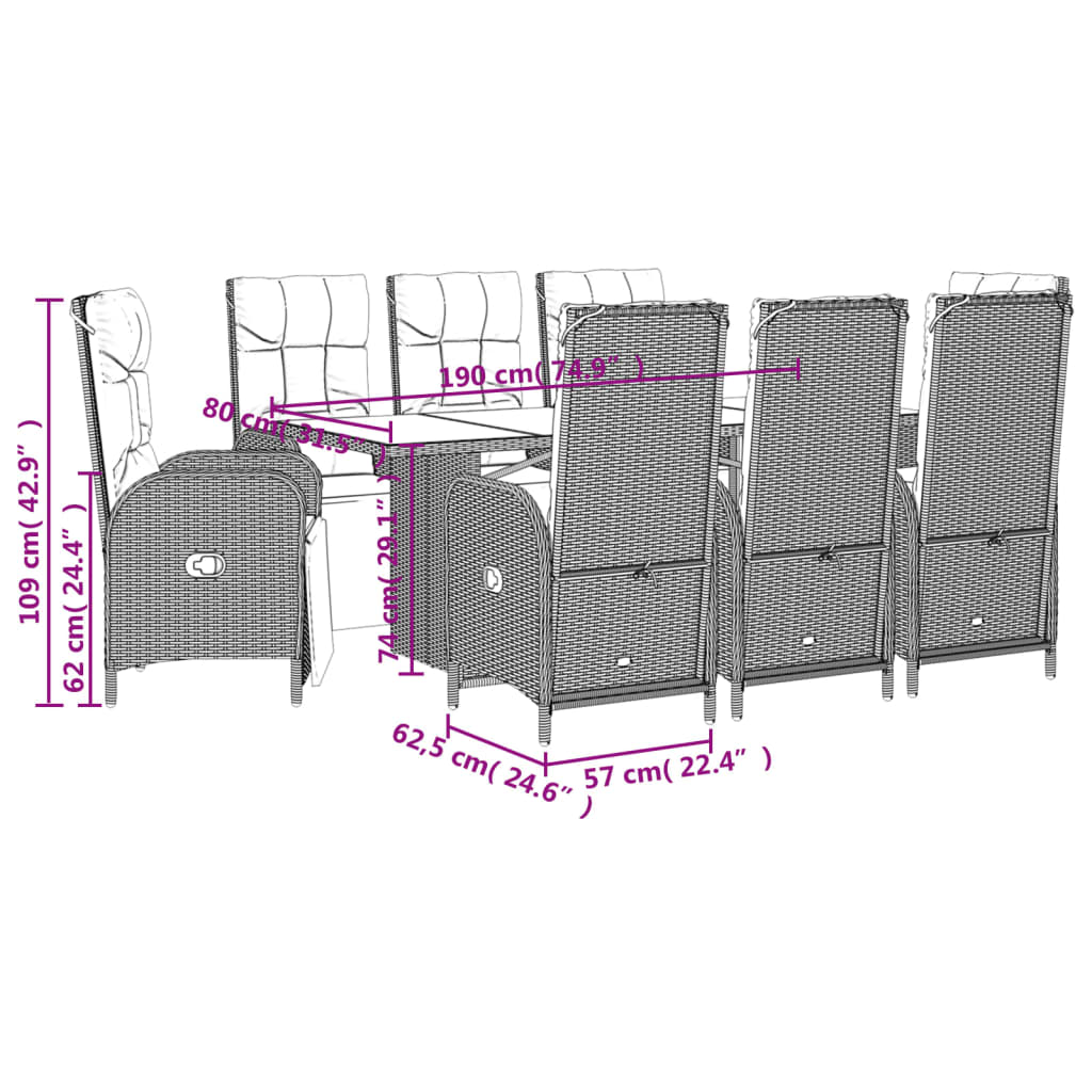 Set da Pranzo da Giardino 9 pz con Cuscini Nero in Polyrattan | homemem39