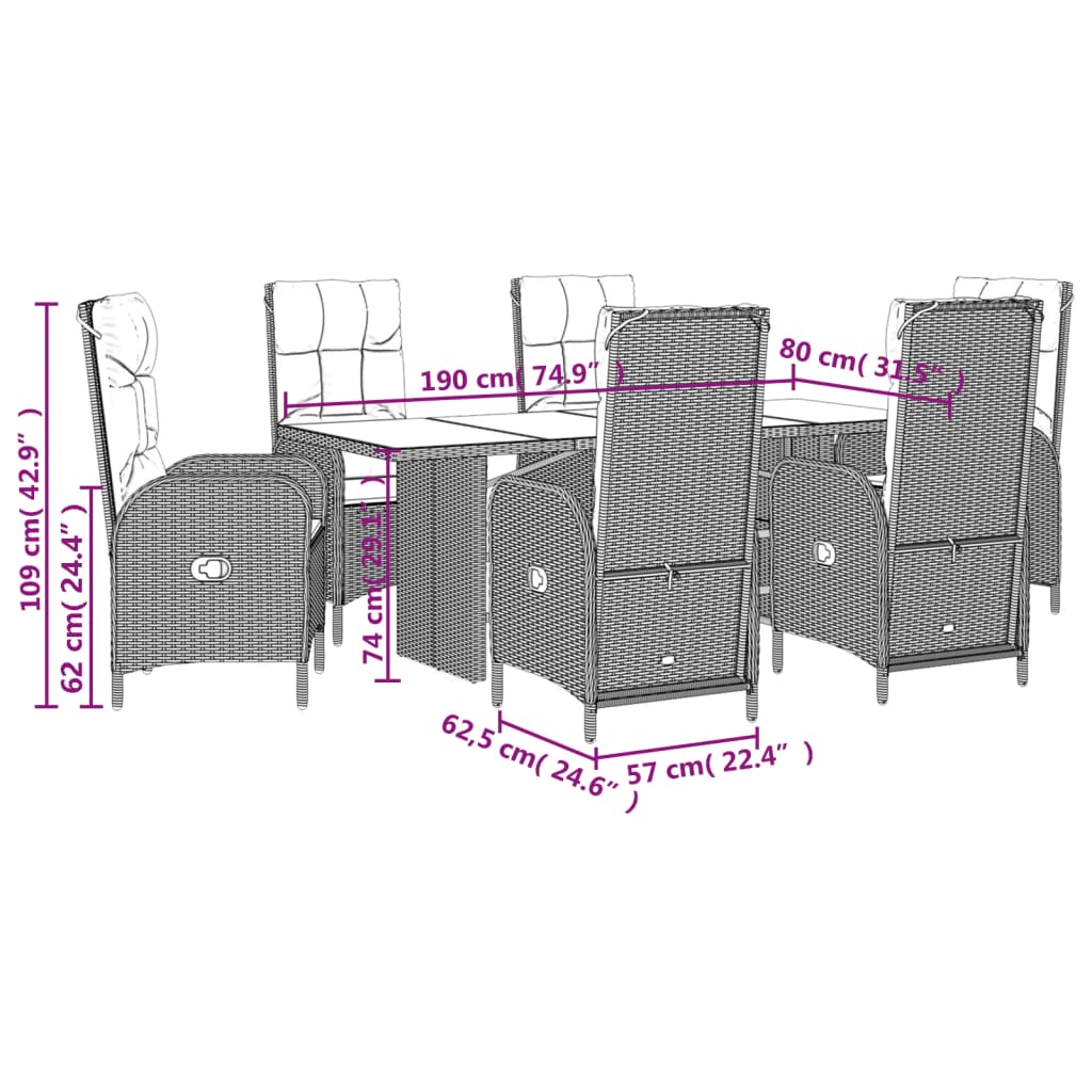 Set da Pranzo da Giardino 7 pz Nero con Cuscini in Polyrattan | homemem39