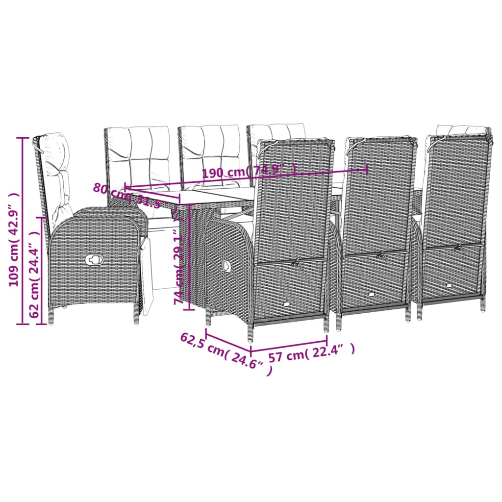 Set da Pranzo da Giardino 9 pz con Cuscini Nero in Polyrattan | homemem39