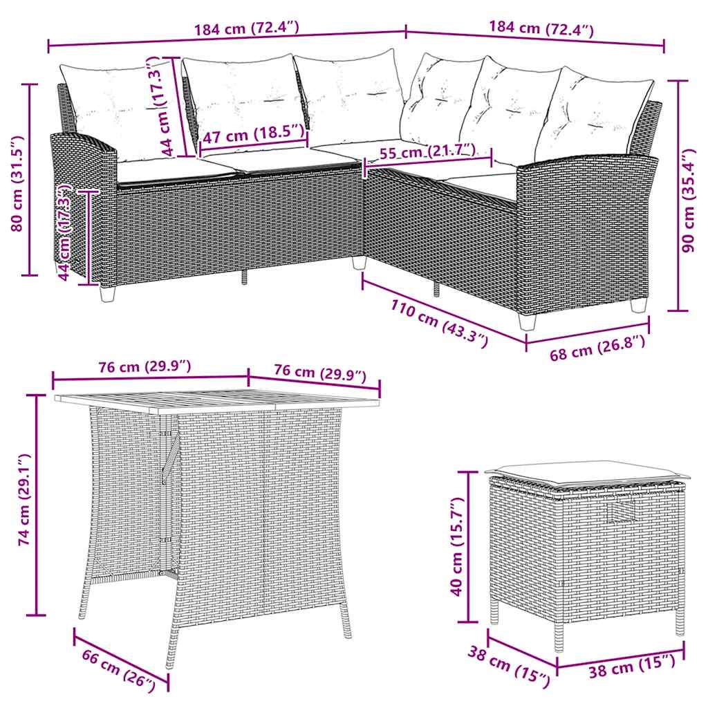 Set Divano da Giardino 6 pz con Cuscini a L Beige in Polyrattan | homemem39