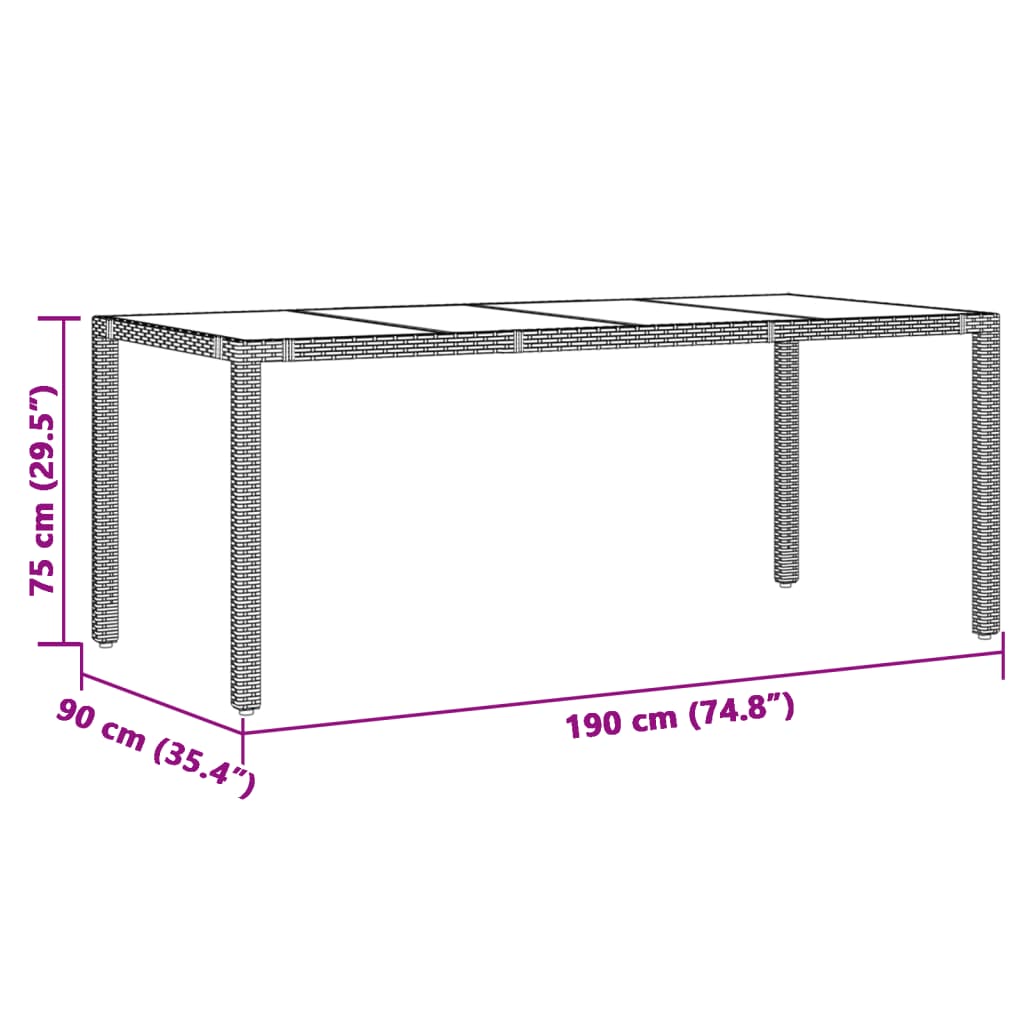 Tavolo da Giardino Piano in Vetro Nero 190x90x75 cm Polyrattan - homemem39