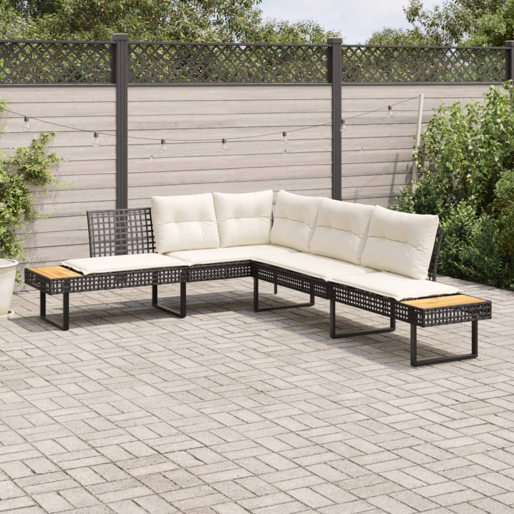 Divano da Giardino con Cuscini a L Nero in Polyrattan e Acacia | homemem39