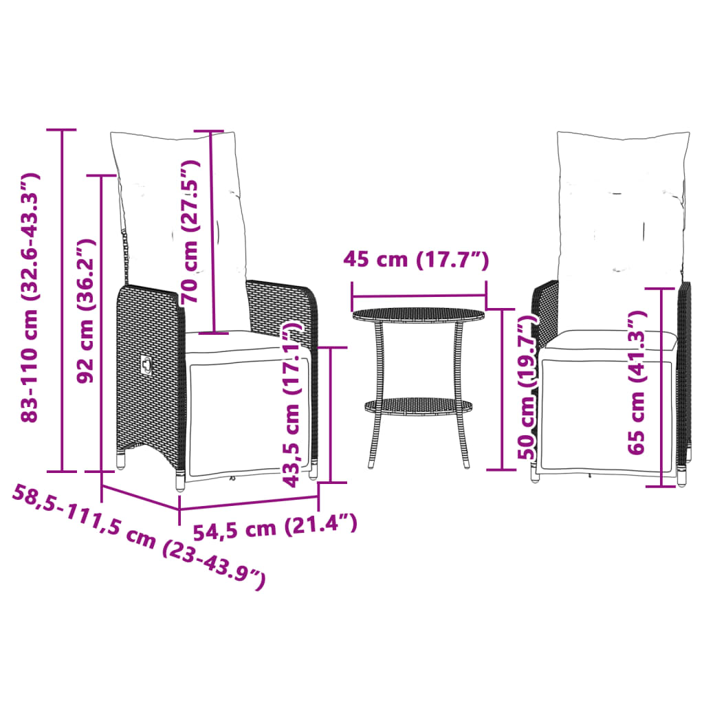 Sedie da Giardino Reclinabili 2 pz con Tavolo Polyrattan | homemem39
