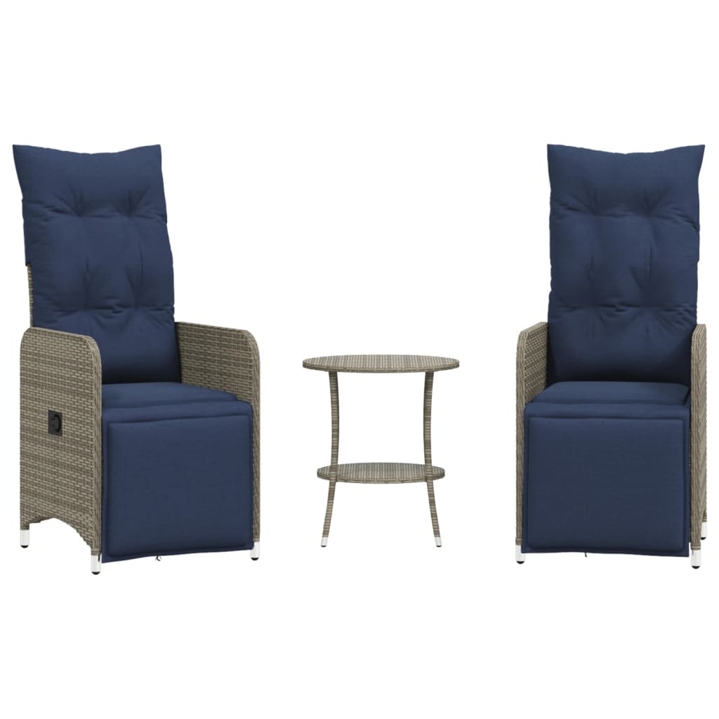 Sedie da giardino reclinabili 2 pz con tavolo grigio in polyrattan