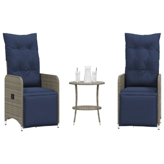 Sedie da giardino reclinabili 2 pz con tavolo grigio in polyrattan