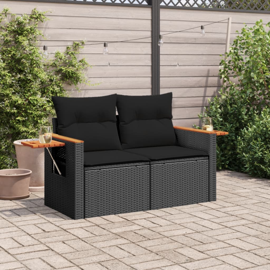 Divano da Giardino con Cuscini a 2 Posti Nero in Polyrattan | homemem39